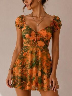 Urban outfitters floral Orange Puff-Sleeve Mini Dress